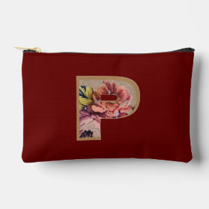 Rustic Flower Initial P Burgundy Accessory Pouch