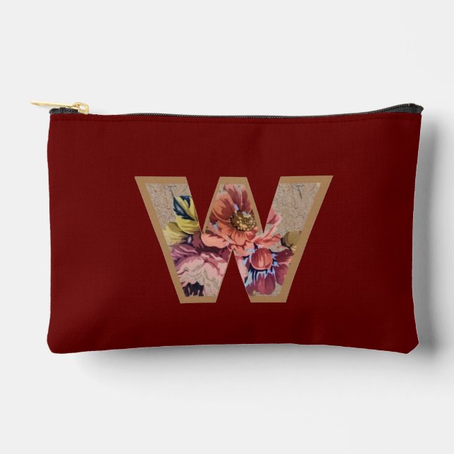 Rustic Flower Initial W Burgundy Accessory Pouch (Front)