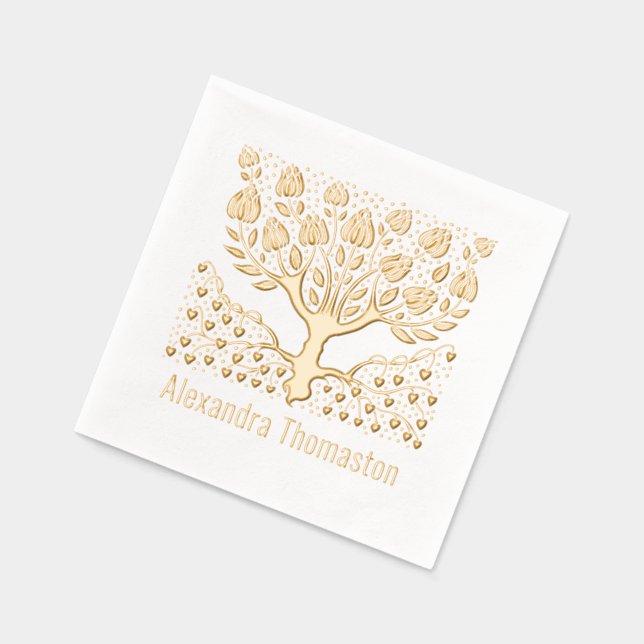 Rustic Flowering Tree with Heart Roots Name Foil Napkins (Left)