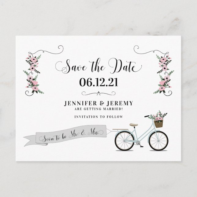 Rustic Flowers and Bicycle Wedding Save the Date Postcard (Front)