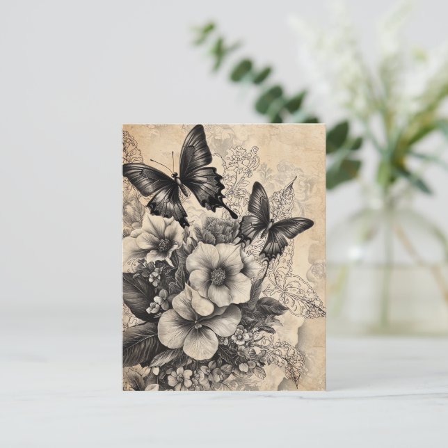 Rustic Flowers and Butterfly - Aged Paper (10) Postcard (Standing Front)