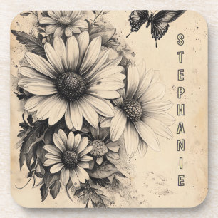 Rustic Flowers and Butterfly - Aged Paper (11) Coaster
