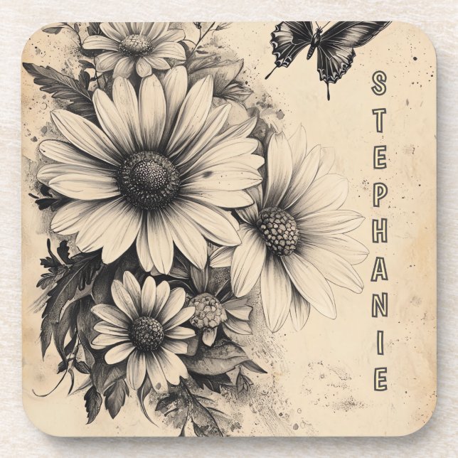 Rustic Flowers and Butterfly - Aged Paper (11) Coaster (Front)