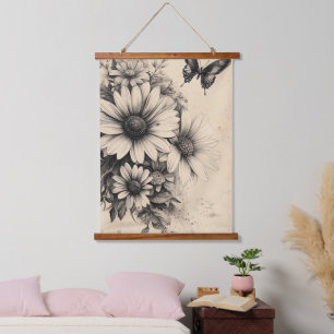 Rustic Flowers and Butterfly - Aged Paper (11) Hanging Tapestry