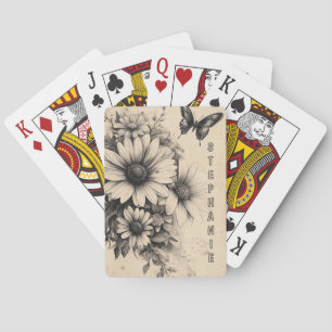Rustic Flowers and Butterfly - Aged Paper (11) Playing Cards