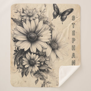 Rustic Flowers and Butterfly - Aged Paper (11) Sherpa Blanket