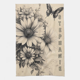 Rustic Flowers and Butterfly - Aged Paper (11) Tea Towel
