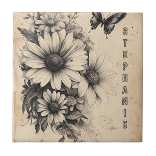 Rustic Flowers and Butterfly - Aged Paper (11) Tile