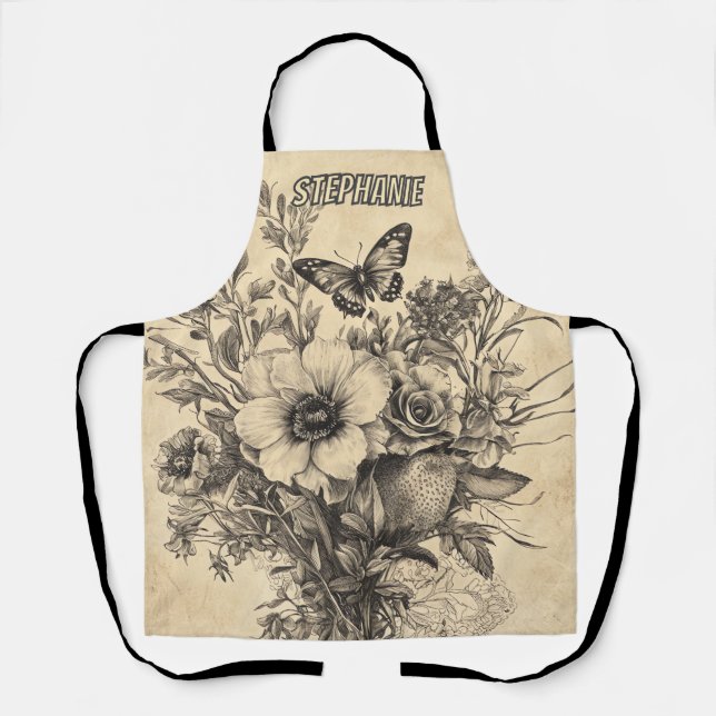 Rustic Flowers and Butterfly - Aged Paper (12) Apron (Front)