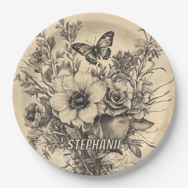 Rustic Flowers and Butterfly - Aged Paper (12) Plate (Front)