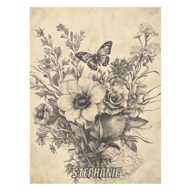 Rustic Flowers and Butterfly - Aged Paper (12) Tablecloth (Front)
