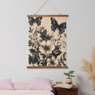 Rustic Flowers and Butterfly - Aged Paper (13) Hanging Tapestry