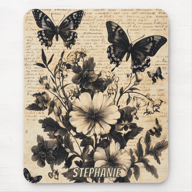 Rustic Flowers and Butterfly - Aged Paper (13) Mouse Mat (Front)