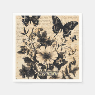 Rustic Flowers and Butterfly - Aged Paper (13) Napkin
