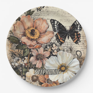 Rustic Flowers and Butterfly - Aged Paper (14) Plate