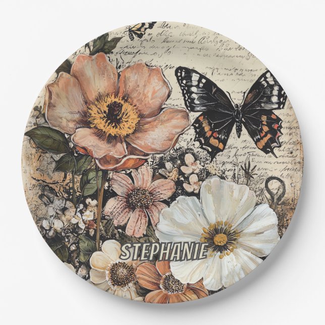 Rustic Flowers and Butterfly - Aged Paper (14) Plate (Front)