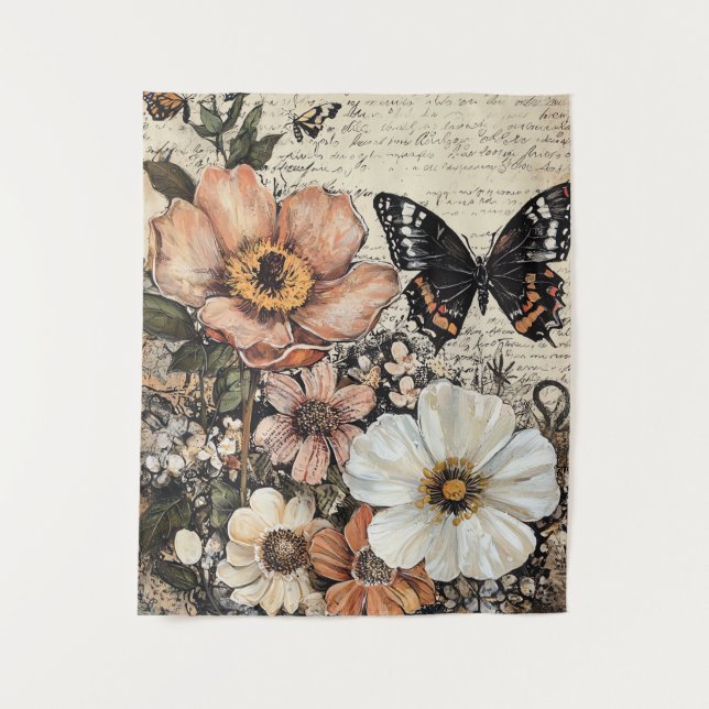 Rustic Flowers and Butterfly - Aged Paper (14) Tapestry (Front)