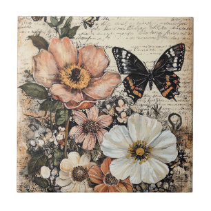 Rustic Flowers and Butterfly - Aged Paper (14) Tile