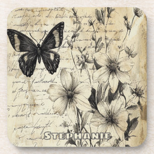 Rustic Flowers and Butterfly - Aged Paper (1) Coaster