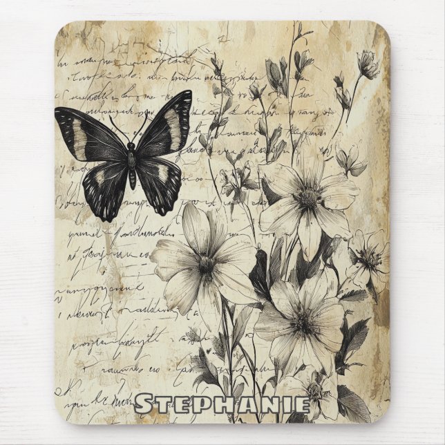 Rustic Flowers and Butterfly - Aged Paper (1) Mouse Mat (Front)