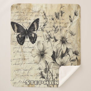 Rustic Flowers and Butterfly - Aged Paper (1) Sherpa Blanket