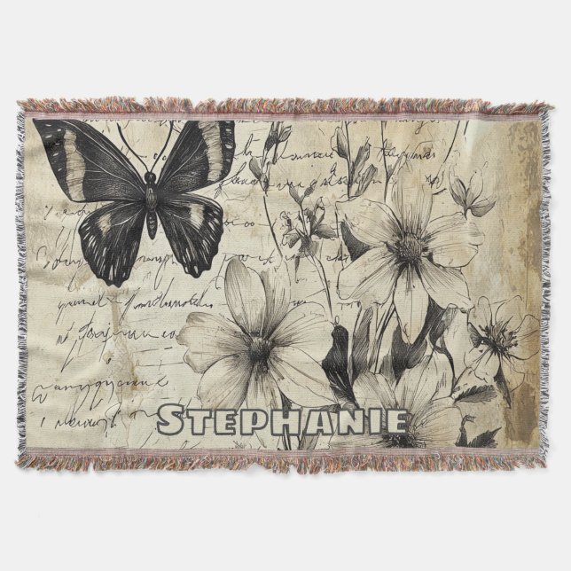 Rustic Flowers and Butterfly - Aged Paper (1) Throw Blanket (Front)