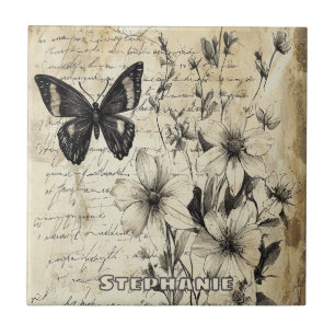 Rustic Flowers and Butterfly - Aged Paper (1) Tile