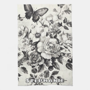 Rustic Flowers and Butterfly - Aged Paper (3) Tea Towel