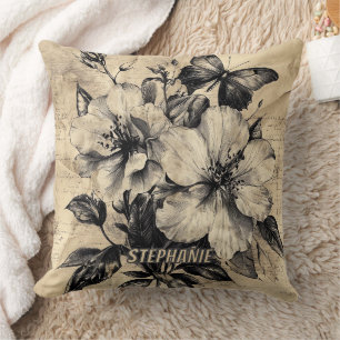 Rustic Flowers and Butterfly - Aged Paper (4) Cushion