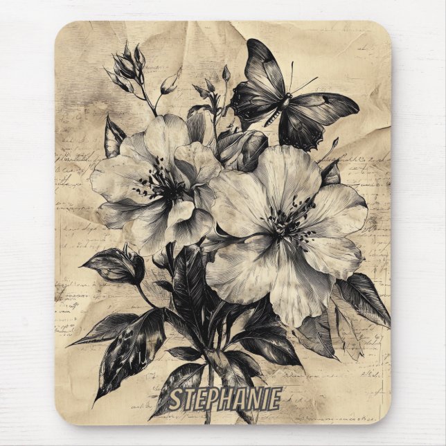 Rustic Flowers and Butterfly - Aged Paper (4) Mouse Mat (Front)