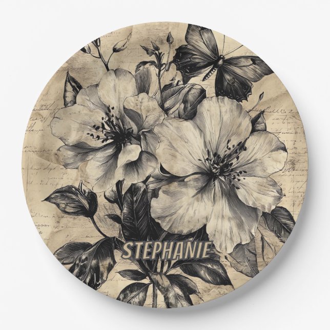 Rustic Flowers and Butterfly - Aged Paper (4) Plate (Front)