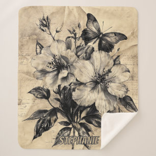 Rustic Flowers and Butterfly - Aged Paper (4) Sherpa Blanket