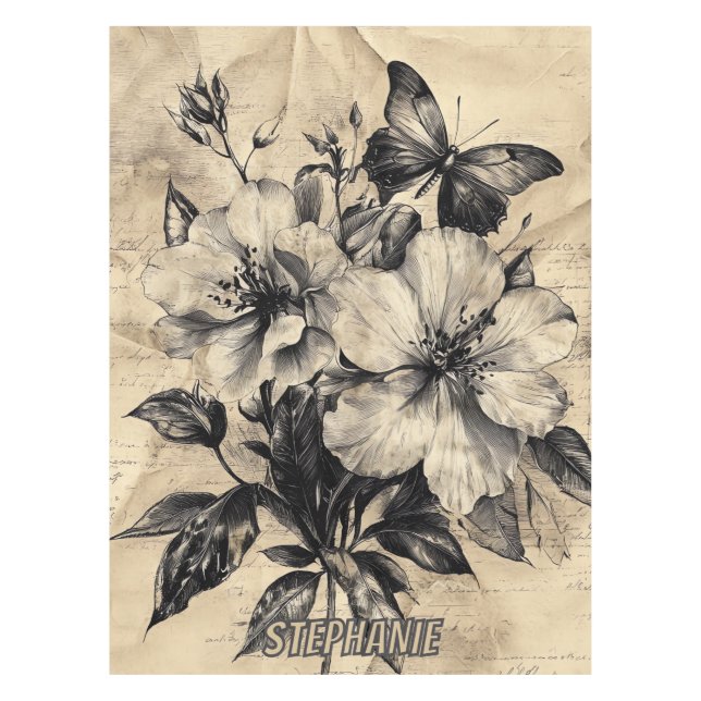 Rustic Flowers and Butterfly - Aged Paper (4) Tablecloth (Front)