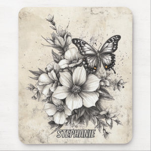 Rustic Flowers and Butterfly - Aged Paper (5) Mouse Mat