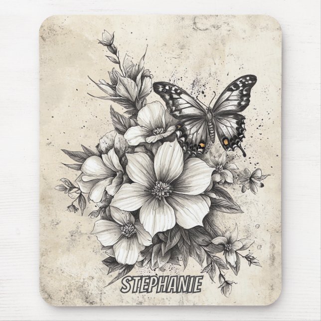 Rustic Flowers and Butterfly - Aged Paper (5) Mouse Mat (Front)