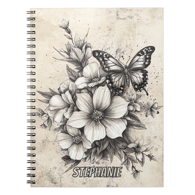 Rustic Flowers and Butterfly - Aged Paper (5) Notebook (Front)