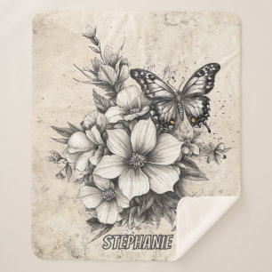 Rustic Flowers and Butterfly - Aged Paper (5) Sherpa Blanket