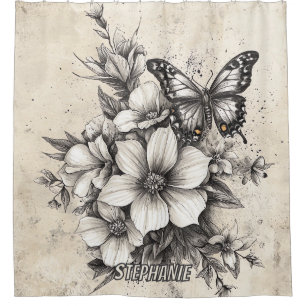 Rustic Flowers and Butterfly - Aged Paper (5) Shower Curtain