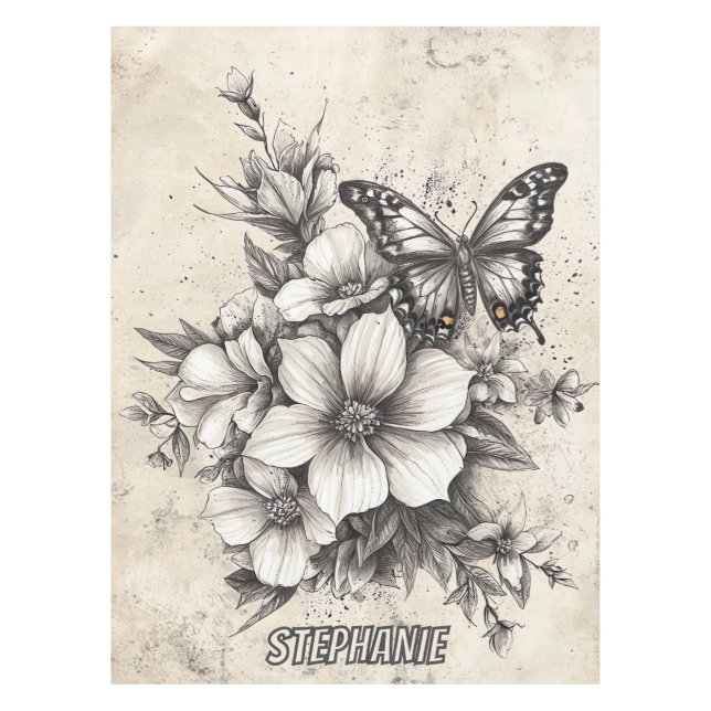 Rustic Flowers and Butterfly - Aged Paper (5) Tablecloth (Front)