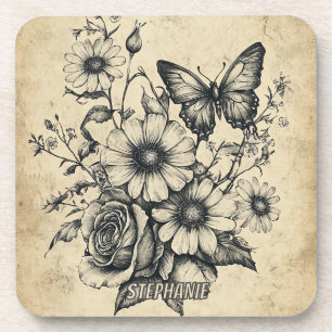 Rustic Flowers and Butterfly - Aged Paper (6) Coaster