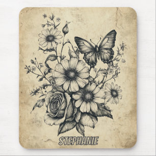 Rustic Flowers and Butterfly - Aged Paper (6) Mouse Mat