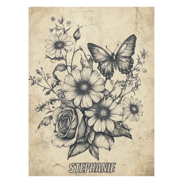 Rustic Flowers and Butterfly - Aged Paper (6) Tablecloth (Front)