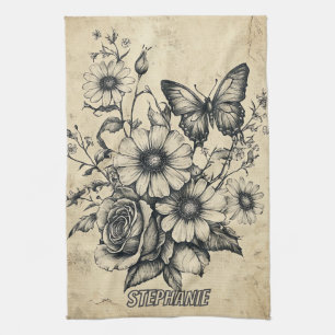 Rustic Flowers and Butterfly - Aged Paper (6) Tea Towel