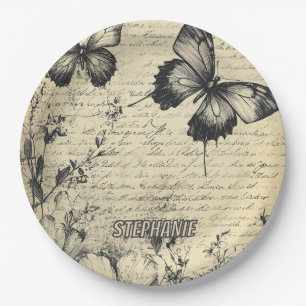 Rustic Flowers and Butterfly - Aged Paper (7) Plate