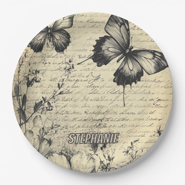 Rustic Flowers and Butterfly - Aged Paper (7) Plate (Front)