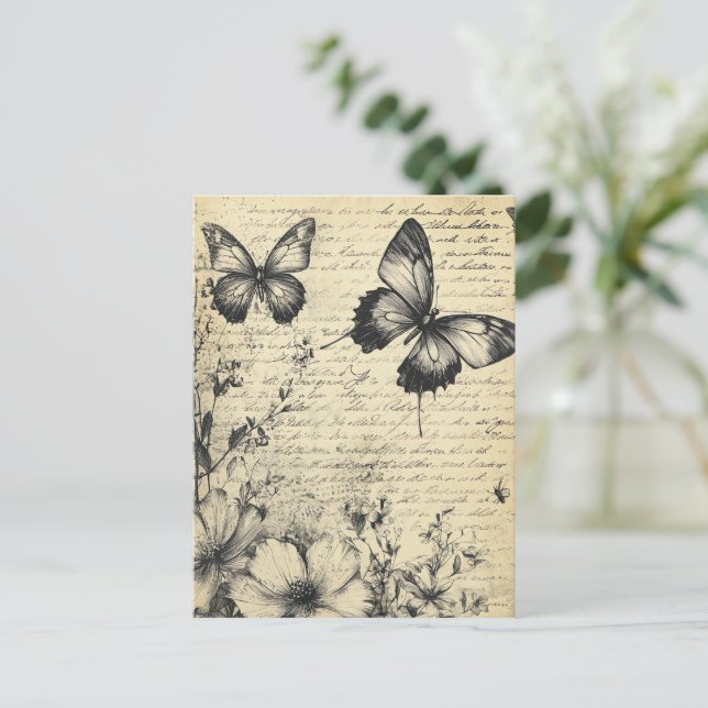 Rustic Flowers and Butterfly - Aged Paper (7) Postcard (Standing Front)