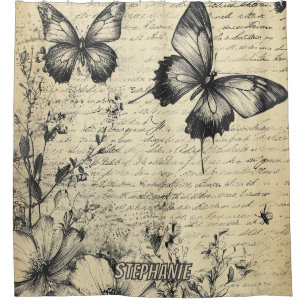 Rustic Flowers and Butterfly - Aged Paper (7) Shower Curtain