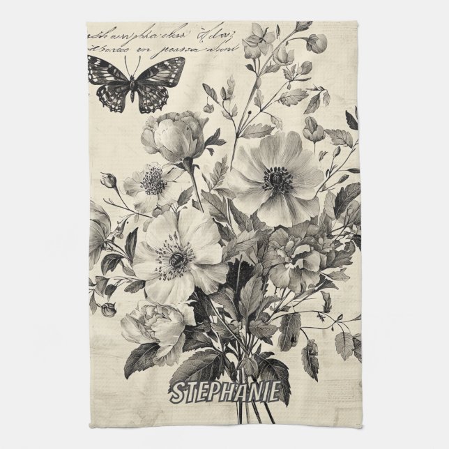 Rustic Flowers and Butterfly - Aged Paper (8) Tea Towel (Vertical)