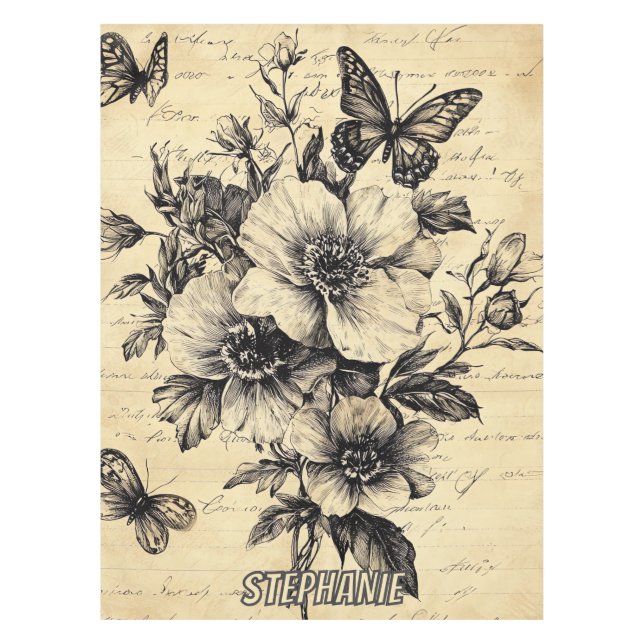 Rustic Flowers and Butterfly - Aged Paper (9) Tablecloth (Front)