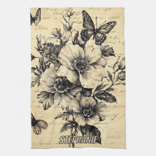 Rustic Flowers and Butterfly - Aged Paper (9) Tea Towel